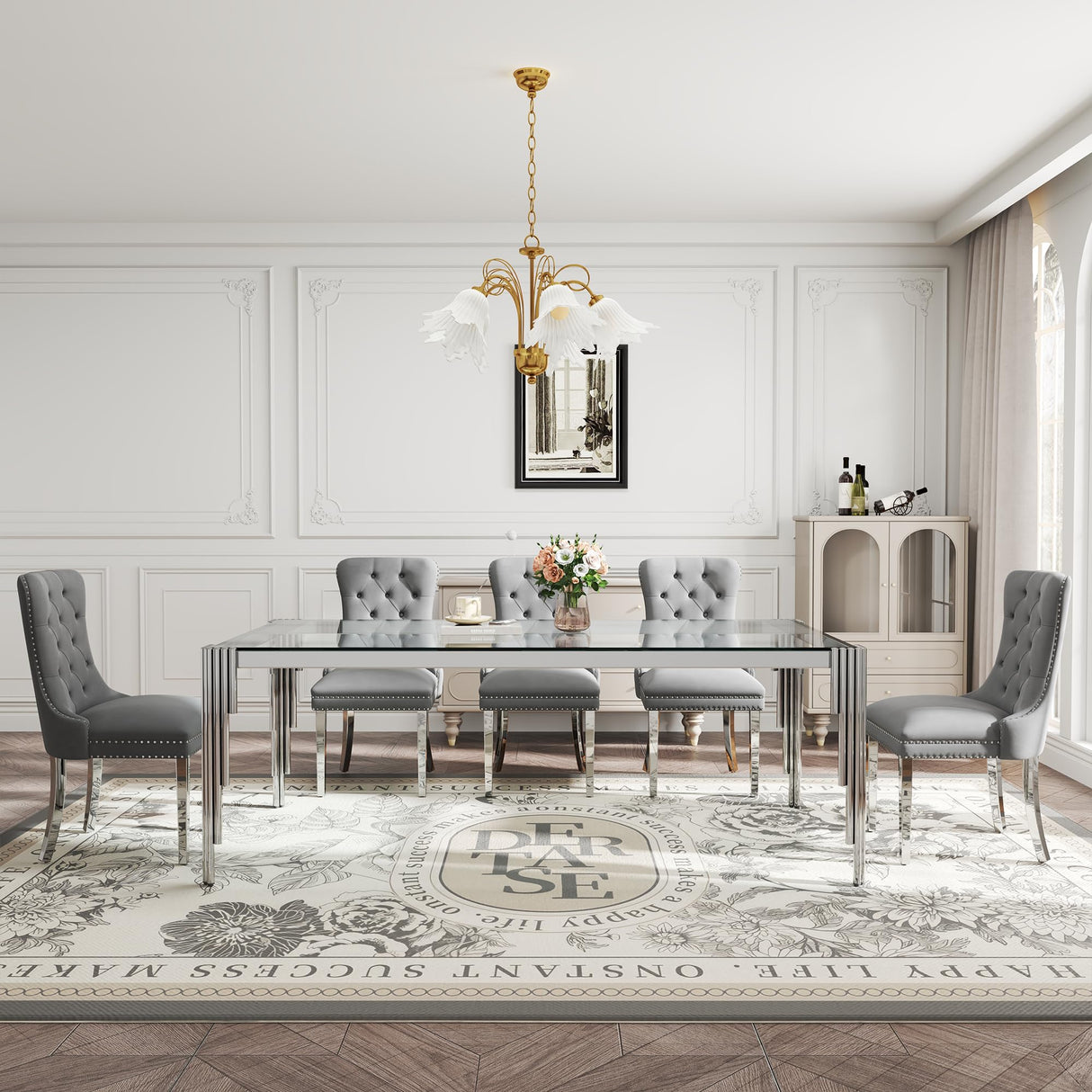 9 Piece Glass Dining Table Set for 8, 81" Rectangle Kitchen Table with 8 Gray Velvet Upholstered Chairs, Tempered Glass Tabletop with Stainless Steel Legs, for Kitchen and Dining Room, Silver Clear AMHDDT