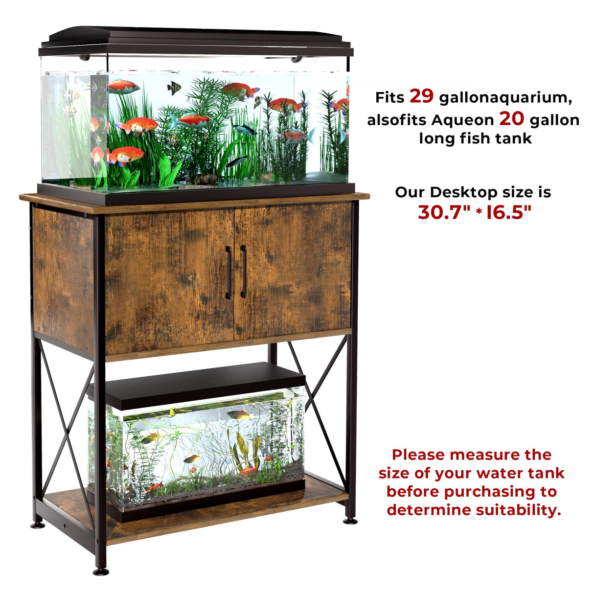 Herture 20-29 Gallon Aquarium Stand Metal Frame Fish Tank Stand with Cabinet Storage, for 20 Gallon Long Aquarium,30.7" L*16.5" W Tabletop,330LBS Capacity Rustic Brown and Black PG01YGN Herture