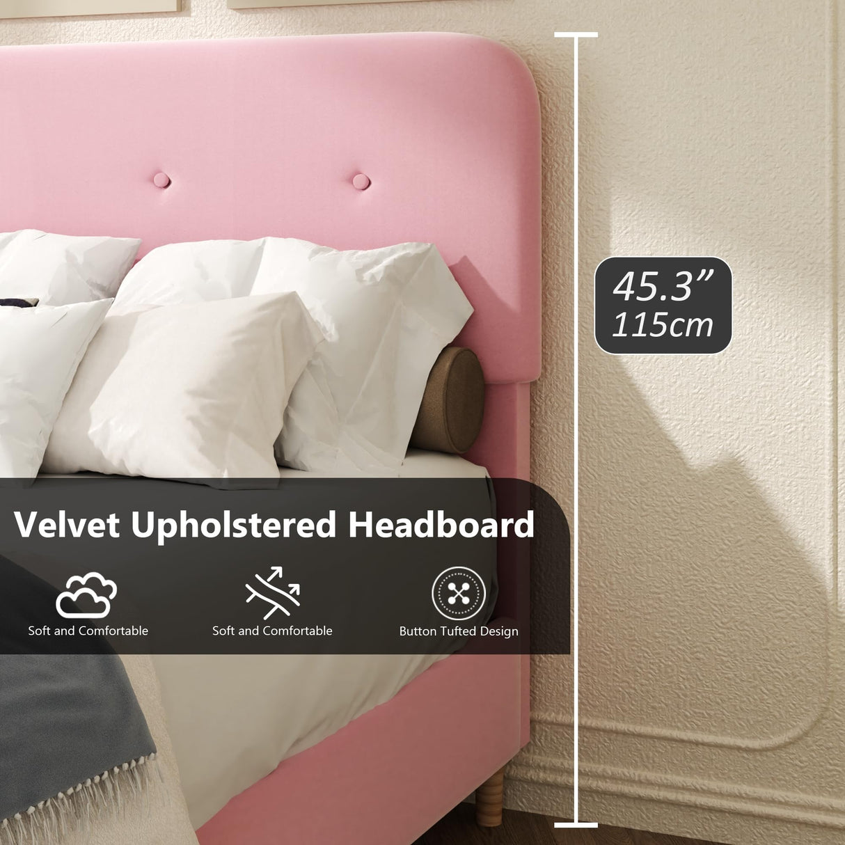 Queen Size Platform Bed Frame with Velvet Upholstered Headboard, Button Tufted Headboard and Footboard, Anti-Collision Soft Rounded Corners, No Box Spring Needed, Easy Assembly, Pink viplov