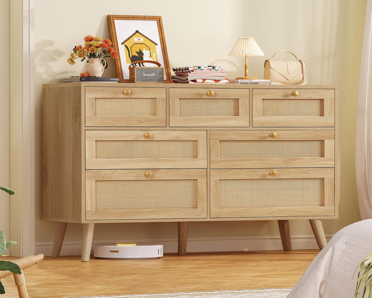 TEENFON 47.2''Wide 7 Drawer Rattan Dresser, Boho Dresser for Bedroom, Chest of Drawers, Closet Organizer, Natural Wood Dressers Chest for Bedroom, Living Room, Entryway, Natural TEENFON