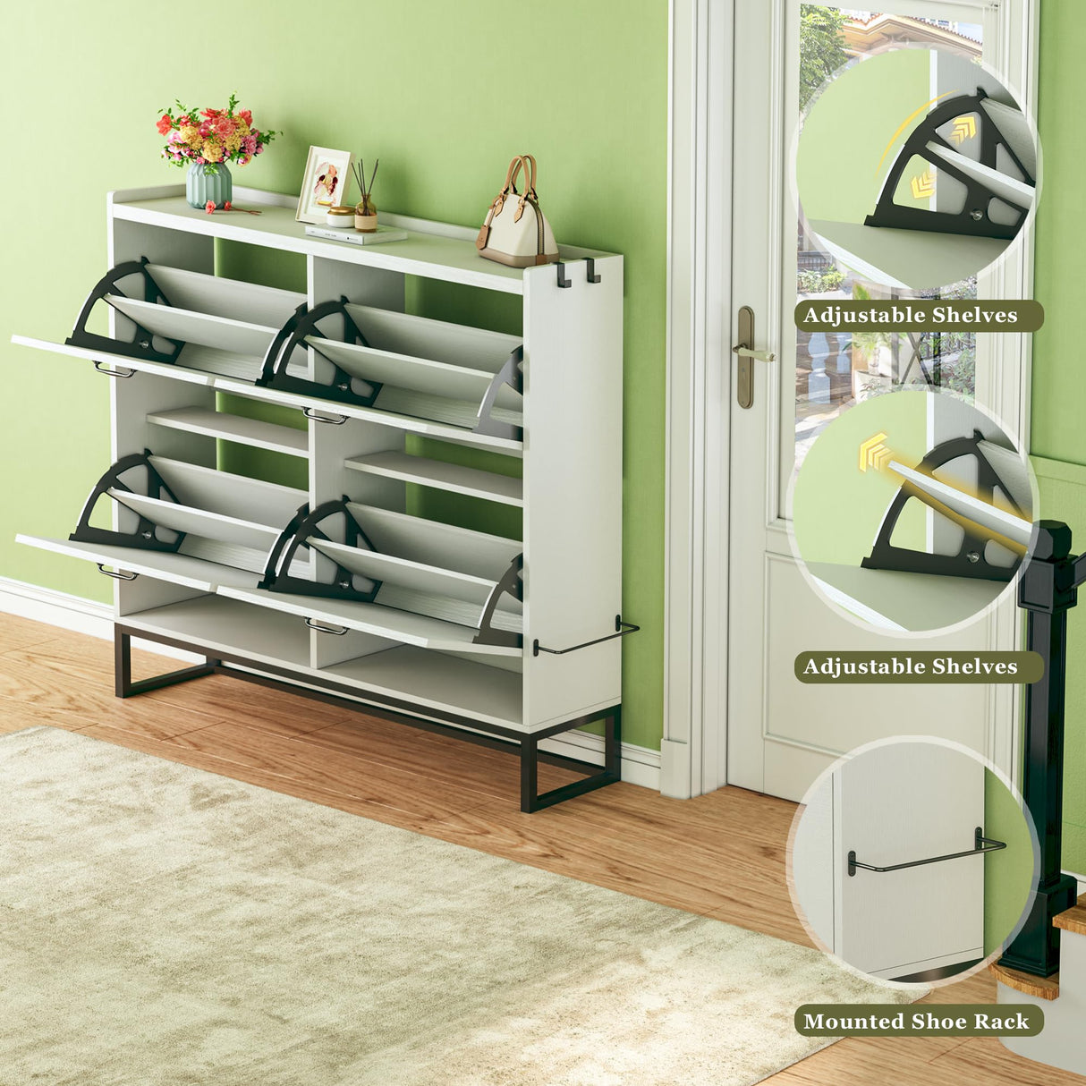 HUAHUU Shoe Cabinet with 4 Flip Drawers, Shoe Storage Cabinet with Mounted Rack & Adjustable Shelves, Shoe Cabinets Storage for Entryway, Hallway, Narrow Shoe Cabinet with Metal Legs, White HUAHUU