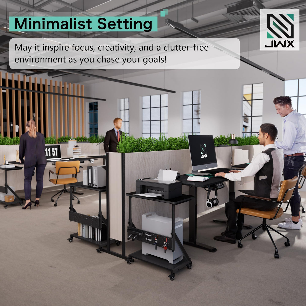 JWX Standing Adjustable Desk, 63 inches L Shaped Electric Standing Gaming Desk with Locking Wheels, Cup Holder, Headphone Hook, Cable Manager, Mouse pad, Carbon Fiber Textured Pane JWX