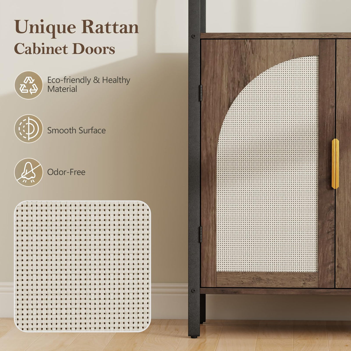 Turosur Bookshelf with Rattan Doors & LED Lights, 71" Tall Bookcase with Storage & Adjustable Shelf, Boho Display Standing Shelf Unit for Bedroom, Living Room and Home Office Turosur