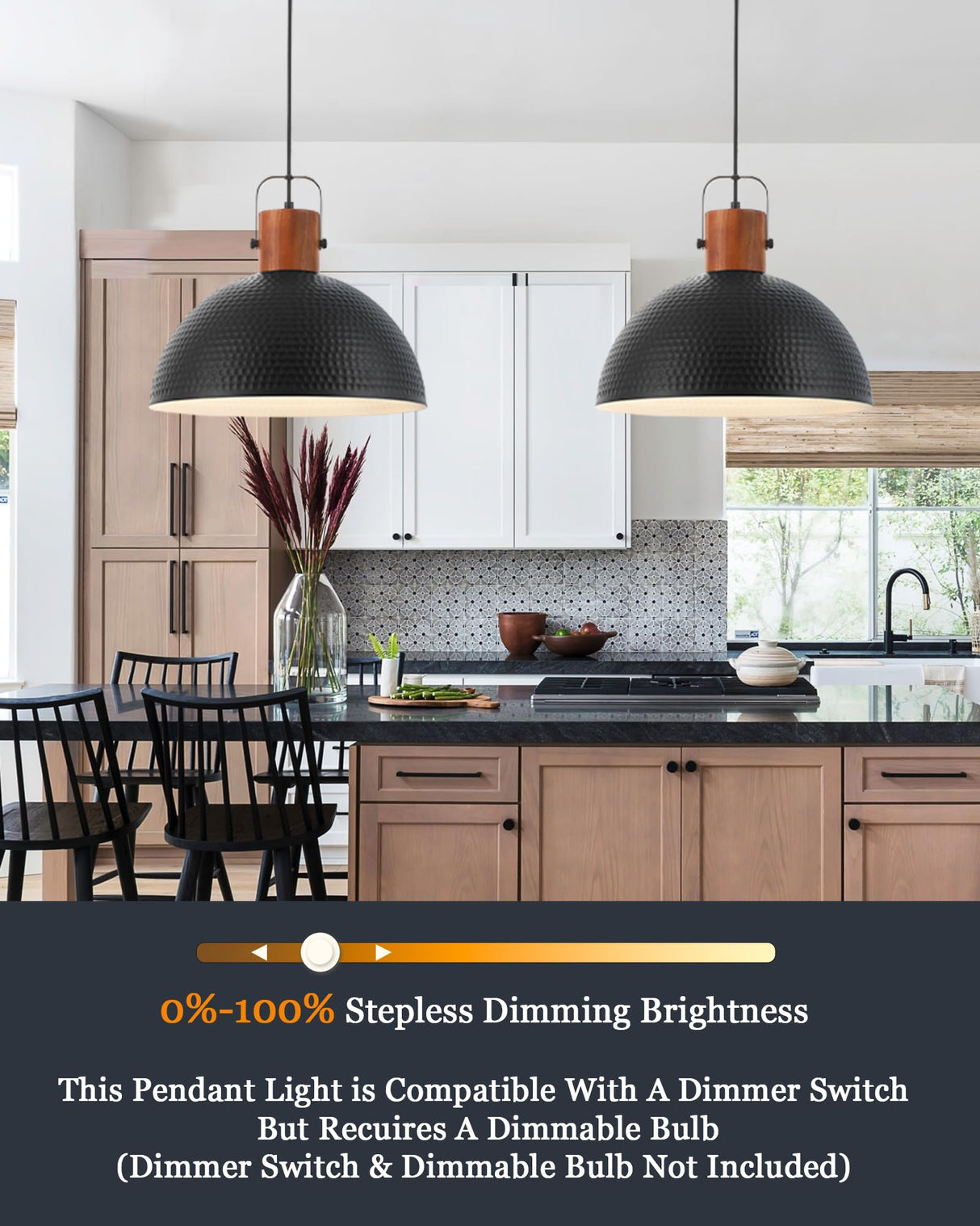 ELYONA 2 Pack Large Pendant Light Fixtures 16 Inch Hammered Metal Ash Wood Dome Ceiling Hanging Lamp, Industrial Kitchen Island Pendant Lighting for Farmhouse, Dining Room,Living Room, Black ELYONA