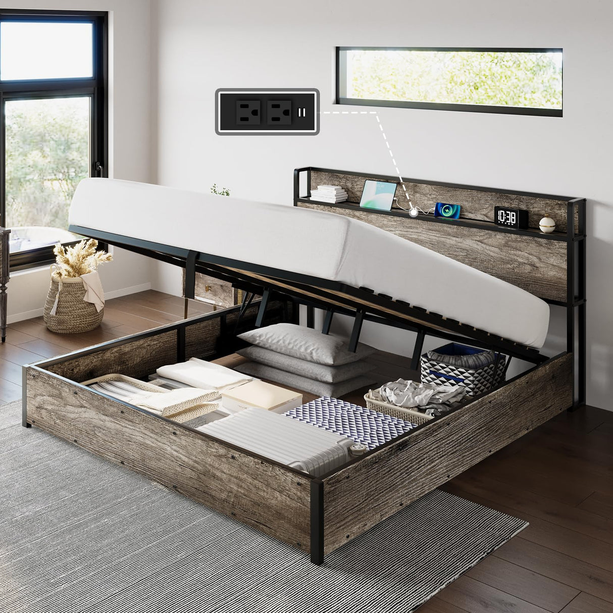 AMERLIFE King Size Lift Up Storage Bed Frame, Wooden Platform Bed Frame with Lifting Storage & Charging Station, No Spring Box Needed/Noise Free, Rustic Grey AMERLIFE
