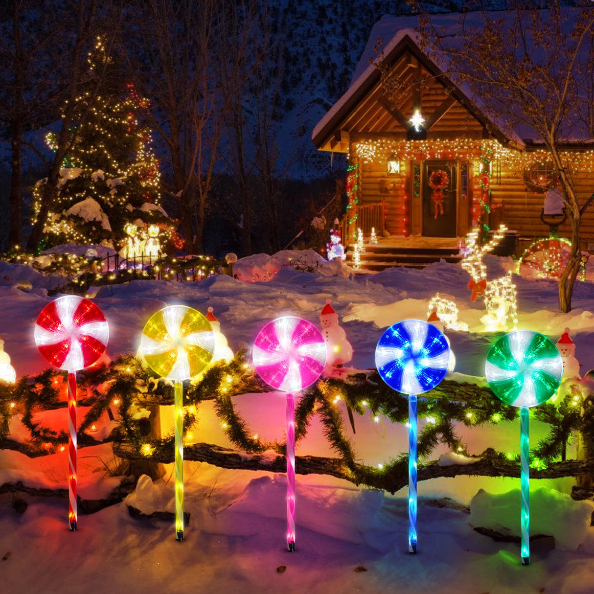 Outdoor Christmas Decorations Solar Pathway Lights, Set of 5 Lollipops Peppermint Stake Lights, 8 Modes Candy Cane Walkside Lights, Outdoor Xmas Decoration for Walkway,Yard ILLUMINEW