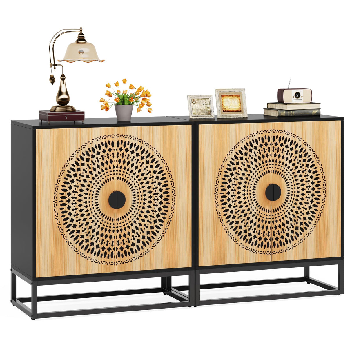 Tribesigns Sideboard Buffet Cabinet, 55 Inch Modern Kitchen Storage Cabinet with 4 Doors & Shelves, Credenzas Accent Console Cabinet for Living Room, Dining Room, Entryway, Black & Brown Tribesigns