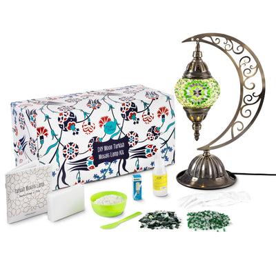 Turkish Mosaic Moon Lamp Making Kit | DIY Colorful Glass Decorative Table Desk Light | Craft Kit For Adults | Make Your Own Lamp | Living Room Bedroom | Mosaic Pieces, Beads, US-Plug (Green)
