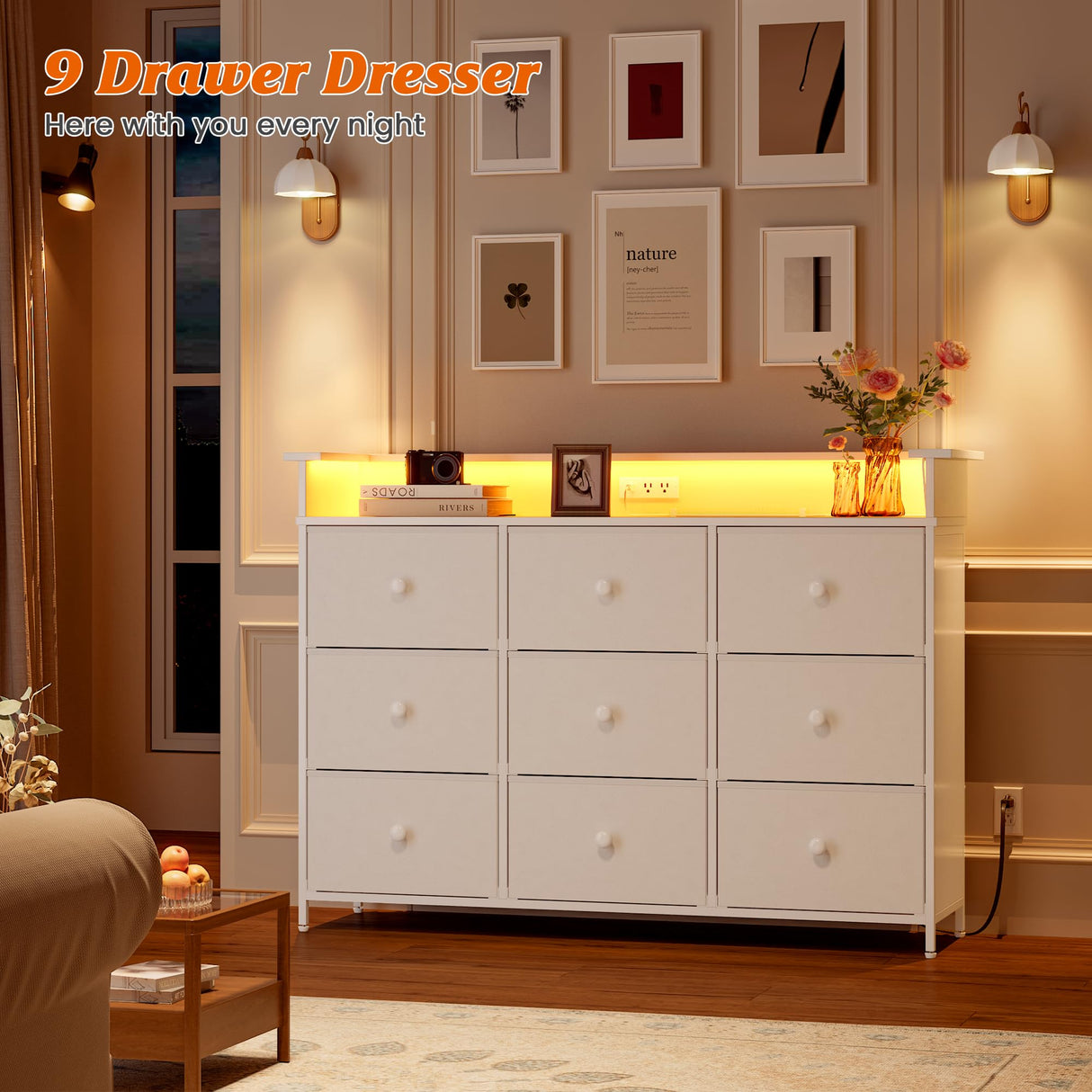 Nicehill Dresser for Bedroom with 9 Drawer,White Dresser with LED Light,TV Stand for Bedroom with Charging Station,Chests of Drawers for Bedroom Hallway,Closet (White) Nicehill