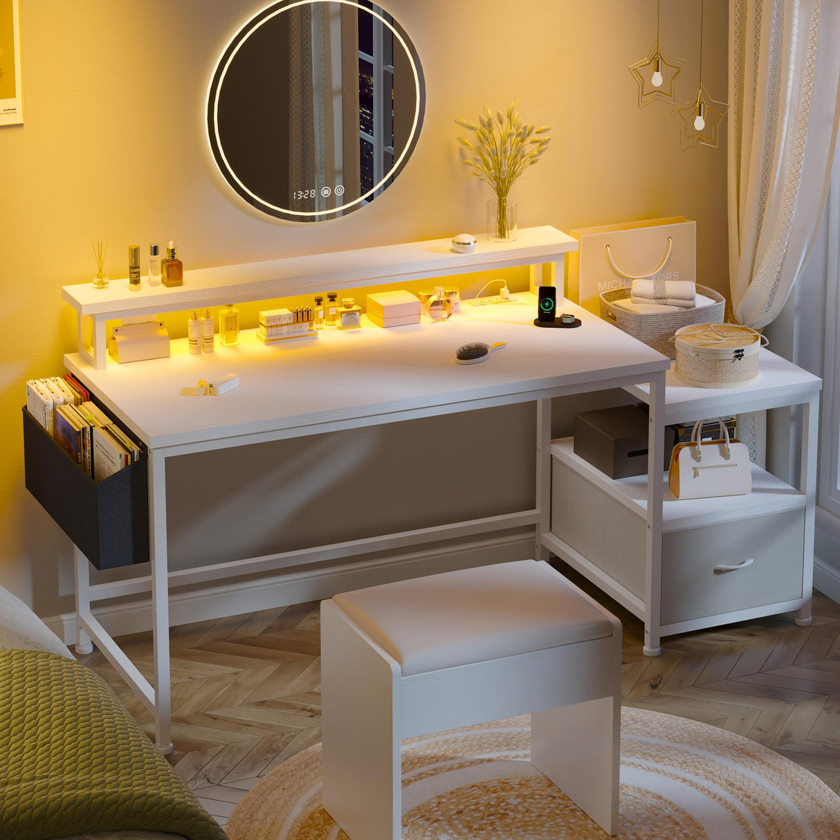 EnHomee 56.5" White Desk with Power Outlets,Study Writing Home Office Desks with File Drawers Cabinet, Computer Desk with Shelves Monitor Stand,Desk with Drawers and Printer Space,White EnHomee