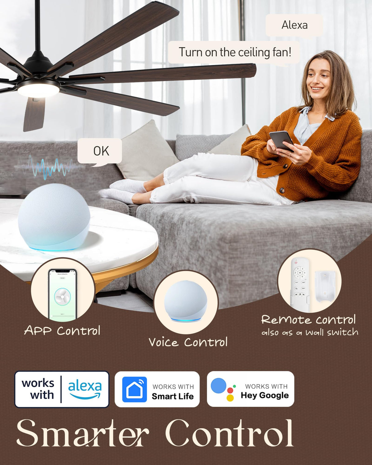 Maxslak 72" Large Smart Ceiling Fan with Light Remote Control via WIFI Alexa,6-Speeds Quiet DC Motor,Dimmable,Indoor Outdoor Black ceiling fan for Living Room,Patio,Dual Finish 7 Blades Maxslak