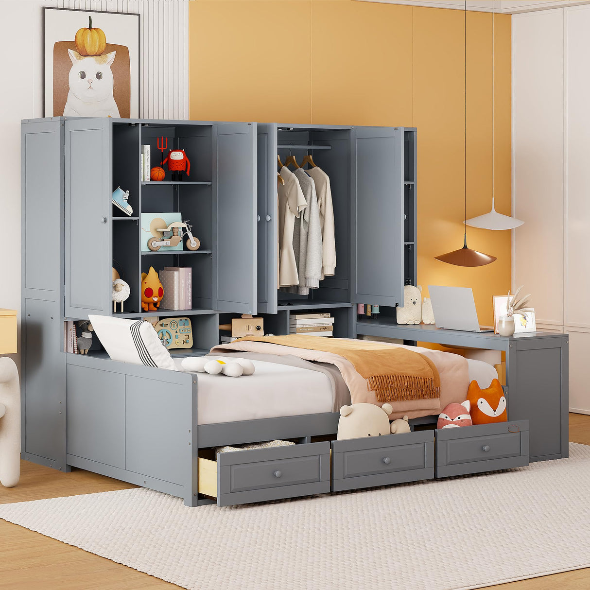 NCKMYB Queen Size Wall Murphy Bed with Desk & Storage, Space-Saving Fold-Down Bed with Shelves & Top Cabinet (Gray, Queen) NCKMYB
