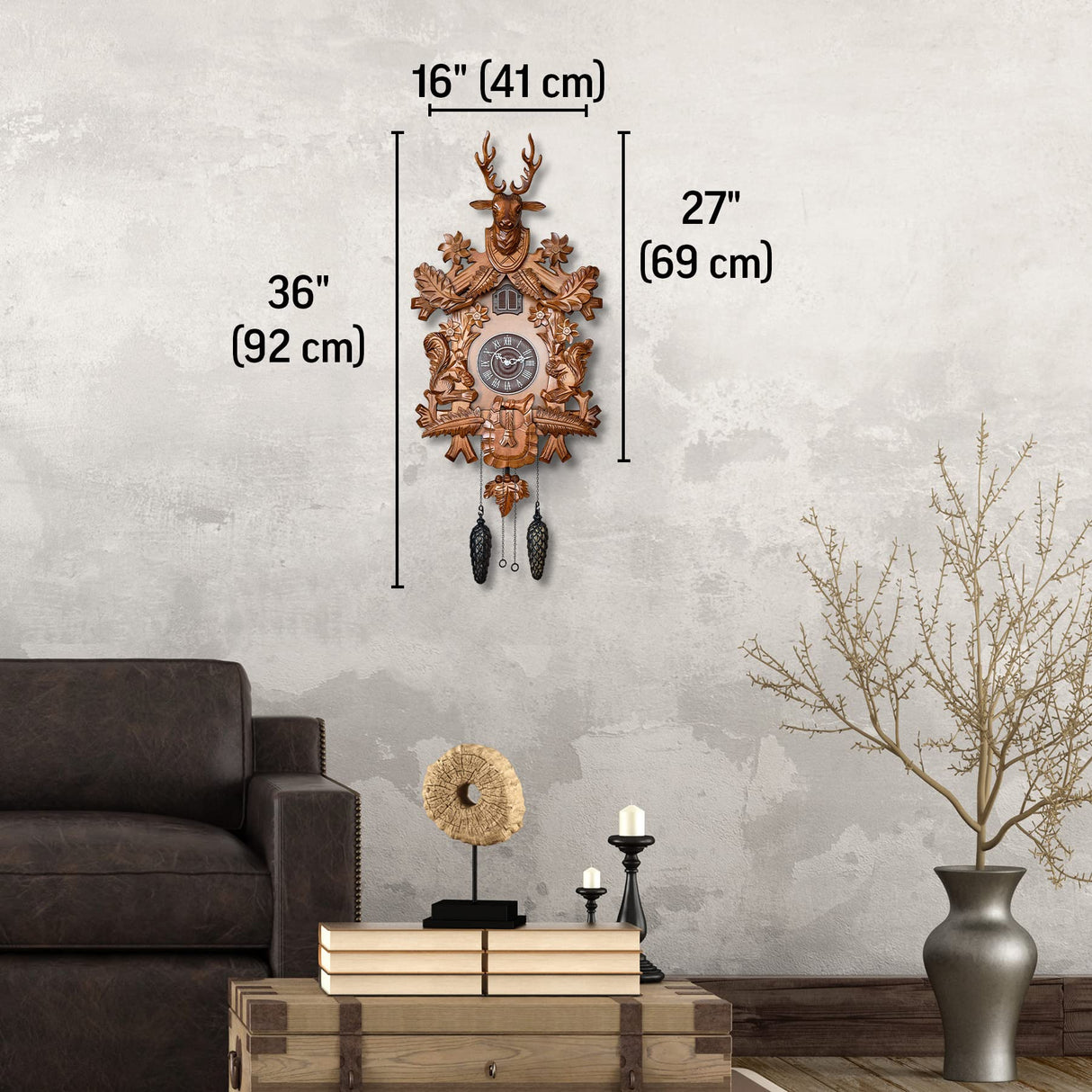 TIMEGEAR Cuckoo Clock with Automatic Night Mode, Hand Carved Deer Head and Wooden Decorations (Brown) TIMEGEAR
