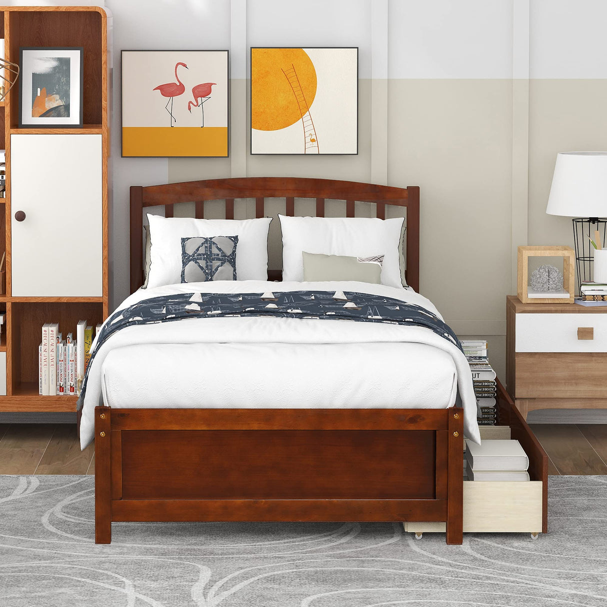 Harper & Bright Designs Twin Bed Frame, Wood Platform Bed with Storage Drawers and Headboard (Walnut) Harper & Bright Designs