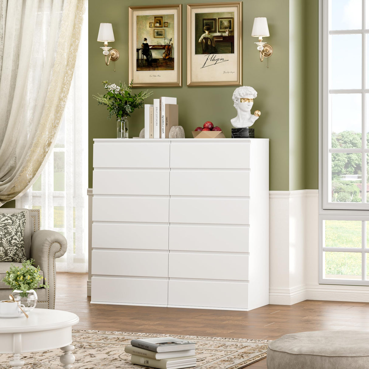 FOTOSOK White Dresser, 6 Drawer Dresser, Modern Tall Floor Storage Cabinet with Metal Sliding Rail, Wooden Handleless Drawer Cabinet, 6-Layer Large Capacity Vertical Dressers for Home & Office FOTOSOK