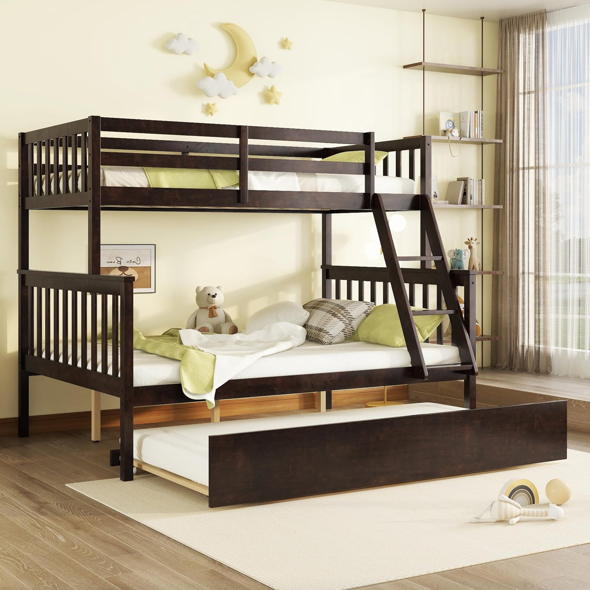 PVWIIK Twin Over Full Bunk Bed with Trundle & Ladder & Safety Guardrail,Solid Wood Bunk Bed for Kids Adults Teens Bedroom,Convertible to 2 Separated Bed,No Box Spring Needed,Easy Assembly, Espresso PVWIIK