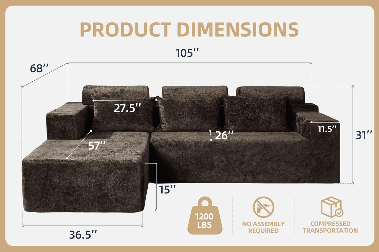 Homguava Modular Sectional Couches for Living Room,105" Cloud Couch with L-Shape Chaise,Comfy Sofa Living Room Couch with Deep Seat,No Assembly L Couch,Luxury Distressed Velvet(Yellow Brown,L) Homguava