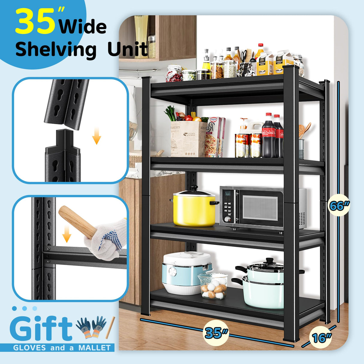 SUPPNEED 1400LBS Garage Storage Shelves Heavy Duty, 35" W x 16" D x 66" H,4-Tier Garage Shelving Heavy Duty, Industrial Metal Shelving Units for Basement,Fish Tank,Black SUPPNEED