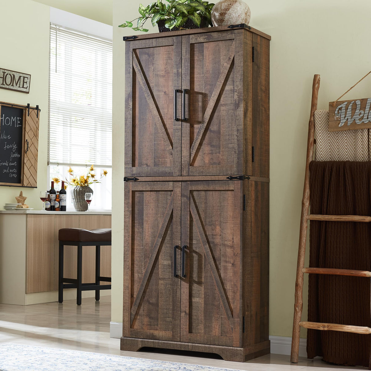 ACCOHOHO 72" Tall Kitchen Pantry, Farmhouse Storage Cabinet with Barn Doors, Organizer, Drawer and Adjustable Shelves, Rustic Wood Cupboard for Kitchen, Dining Room, Bathroom, Rustic Brown ACCOHOHO