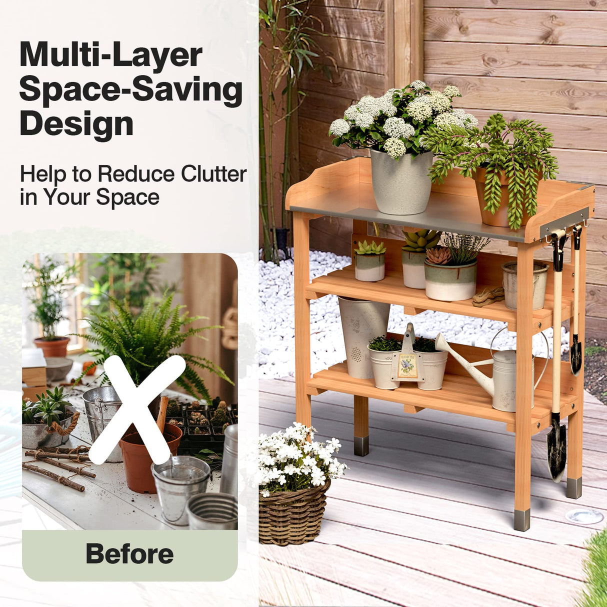 Giantex Garden Potting Bench, Outdoor Wood Workstation Table with Galvanized Steel Tabletop, 5 Hooks, 2-Tier Storage Shelves, Outside Work Station Potting Table with Raised Edge, Easy Assembly Giantex