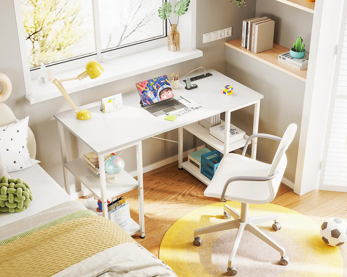 AODK 40 Inch Small Writing Desk with Power Outlets & USB Charging Port, Computer Desk for Small Spaces Home Office, Student Laptop PC Desks with Storage Shelves, Kids Desk, White AODK