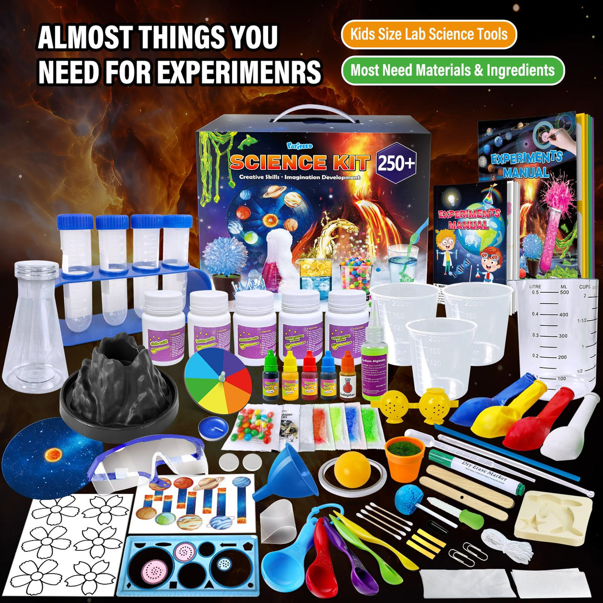 PATIFEED 250 Experiments Kits for Kids, Science S.T.E.M Projects Scientific Toys for Boys Girls Gifts Ideas Birthday Christmas, Erupting Volcano, Planet, Bouncy Ball,Chemistry Scientist Set PATIFEED