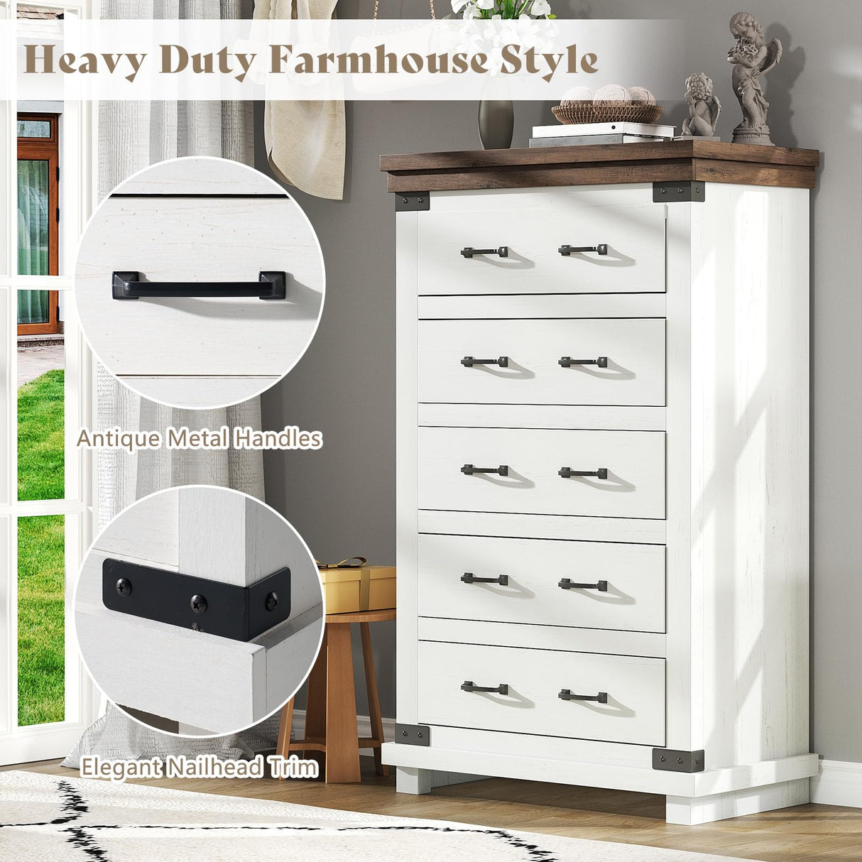 AMERLIFE Farmhouse 5 Drawers Dresser Chests for Bedroom, 48" Tall Wood Rustic Chest of Drawers/w Thick Plank Styling, Heavy Duty Closet Storage Dresser Organizer, Living Room, Hallway, Antique White AMERLIFE