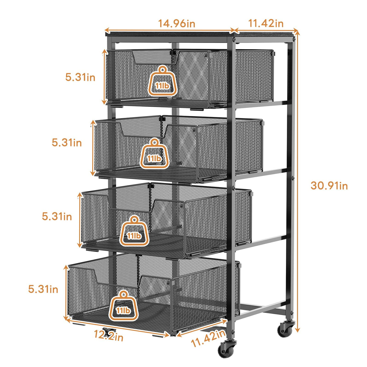 4-Tier Fruit Vegetable Storage Cart - Kitchen Organizer and Storage Cart with Wheels, Wooden Top Metal Wire Fruit Vegetable Rack Stand with Drawers to Storage Onions Potatoes Cans Snacks for Kitchen Yociyoga