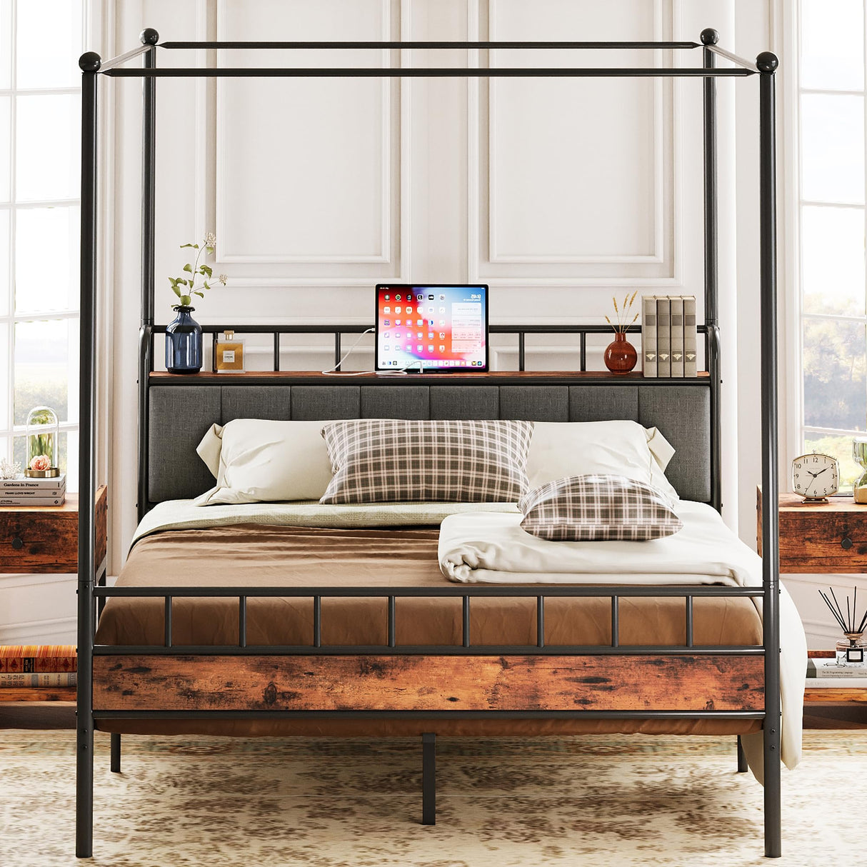 Queen Canopy Bed Frame with Storage Headboard and Charging Station in Vintage Brown LIKIMIO