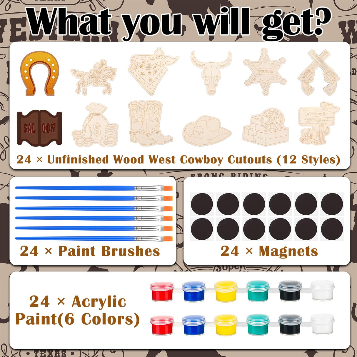 JellyArch 24 Pcs West Cowboy Painting Kits Unfinished Wood Hat Boots Cutouts DIY Wooden Painting Bulk Crafts for Adults West Cowboy Cutouts Refrigerator Magnets for Home Decoration JellyArch