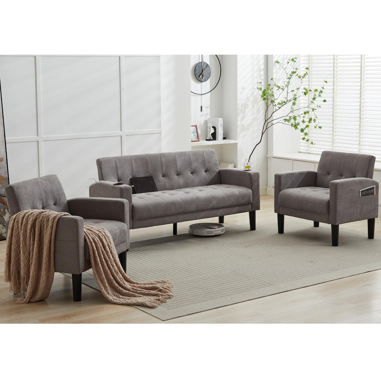TYBOATLE Sofa Couch, Living Room Furniture Sectional Sofa Sets 3 Pcs, Tufted Mid-Century Loveseat w/USB, Cupholders & Comfy Single Sofa for Small Space, Apartment, Office (Light Grey) TYBOATLE