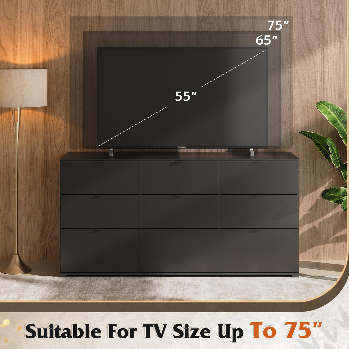 WLIVE 9 Drawer Dressers, Modern Large Wood Dresser Chest for Bedroom Organize with Sturdy Metal Handle, TV Stand for 75 inch TV, Living Room Office, Hallway, Ball Bearing Slide, Black (63" W) WLIVE