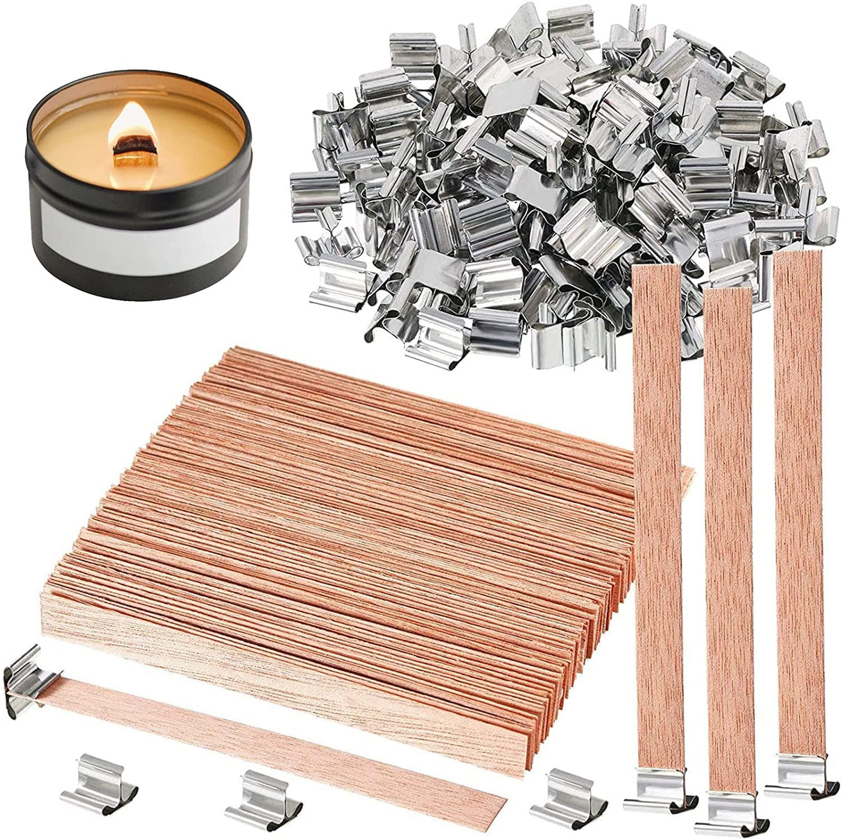100 pcs Wooden Candle Wicks for Candle Making,6 inch Crackling Wood Wicks/Smokeless Candle Wick with Metal Base Clip 50 Sets PXBBZDQ
