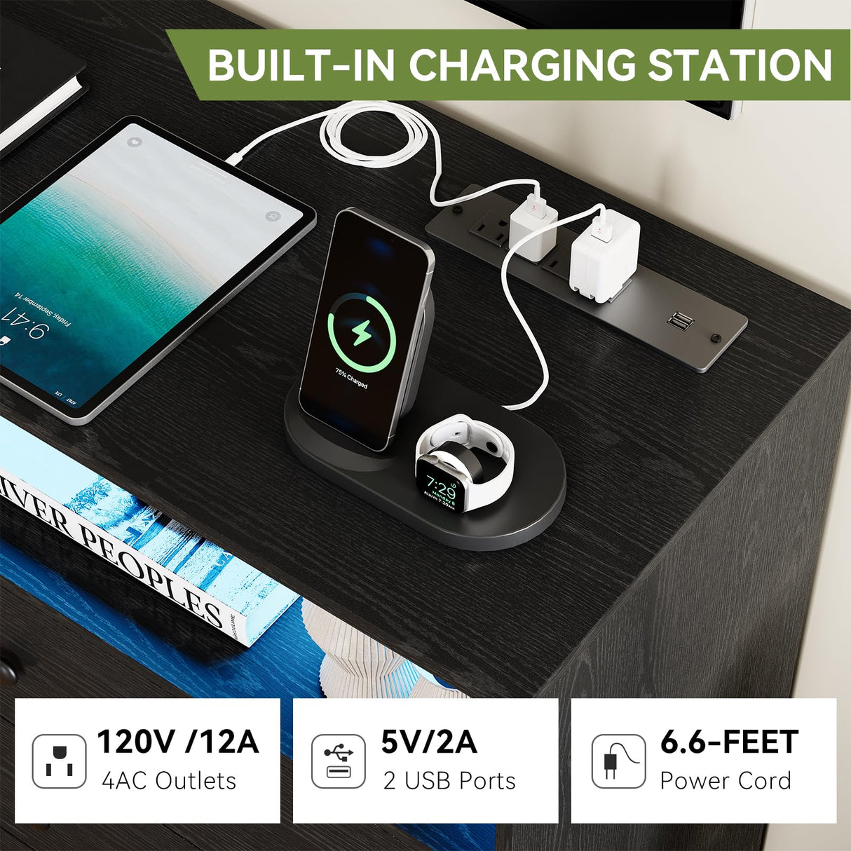 GAOMON Dresser for Bedroom,Wide Wood Dresser with 6 Drawers,Storage Chest of Drawers with Plug-in Charging Hub&LED Light,Sturdy Steel Frame,55 Inch TV Stand for Living Room,Closet,Entryway,Nursery GAOMON