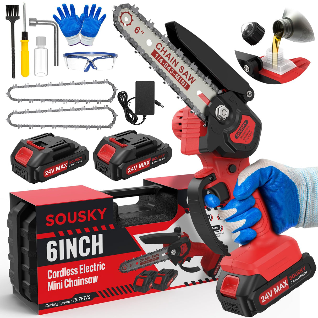 6 Inch Mini Chainsaw Cordless, 24V 2000mAh Rechargeable Battery, Auto-Oil, Lightweight & Safe Chainsaw for Women/Men/Seniors/Craftsman, Garden Tree Cutting, Wood Pruning Tool SOUSKY