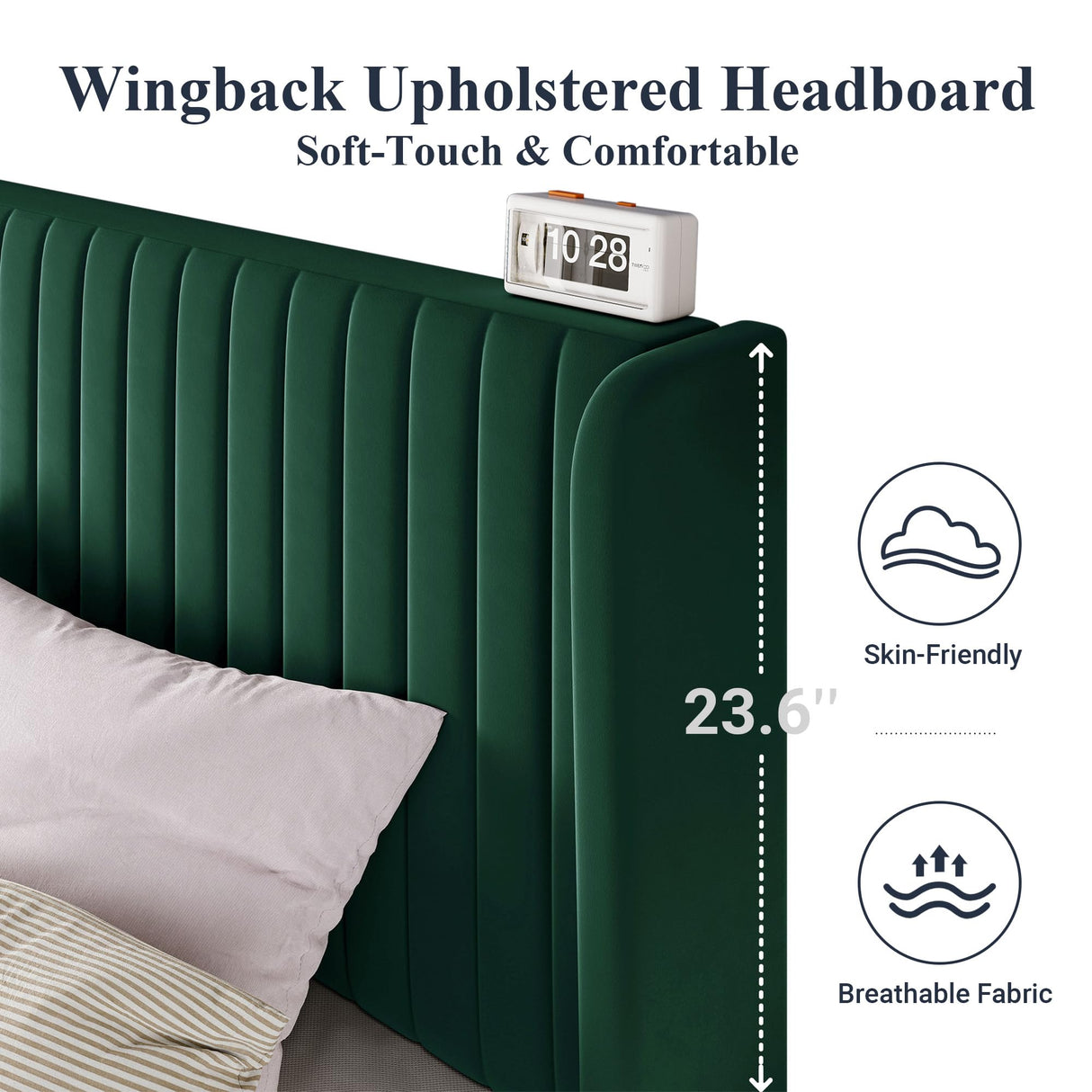 Allewie Queen Size Bed Frame/Velvet Upholstered Platform Bed/Vertical Channel Tufted Wingback Headboard/Strong Wooden Slats/No Box Spring Needed/Easy Assembly/Green Allewie