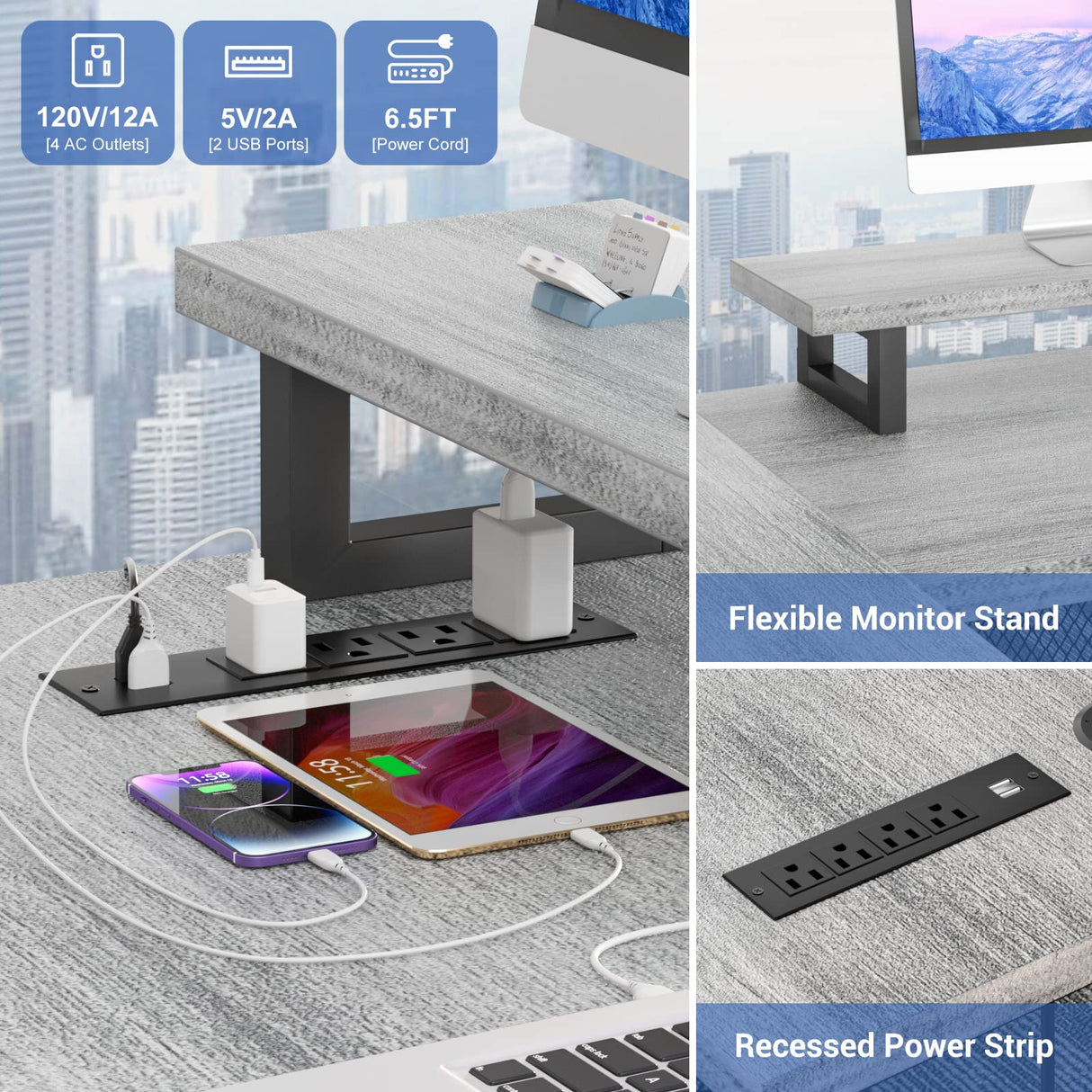 Unikito Reversible U Shaped Computer Desk with Power Outlet, LED Lights, and Monitor Stand – Modern 130 Inch Dual Purpose Office and Gaming Table in White Oak Unikito