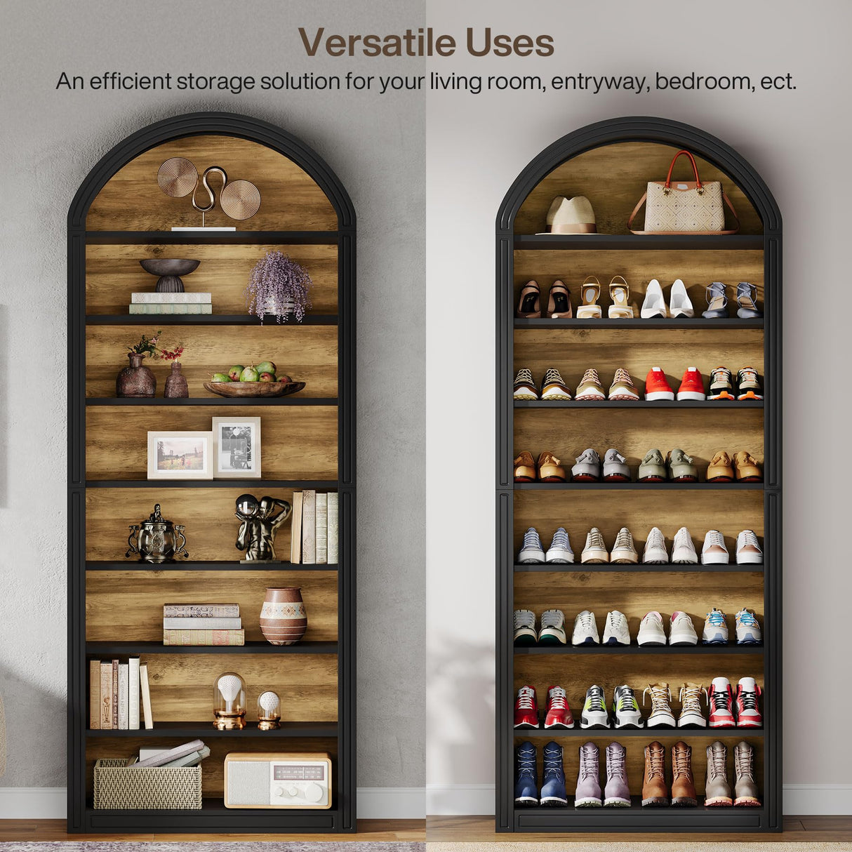 Tribesigns 79.5" Tall Arched Bookshelf, 8-Tier Modern Black Arched Bookcase with Storage Shelves, Floor Standing Wood Display Shelving Unit, Set of 2 Tribesigns