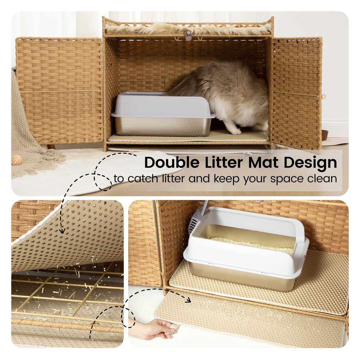 Cat Litter Box Enclosure and Hall Table, Handwoven Rattan Cat Litter Box Hider Furniture with 2 Litter Mats, Three-Sided Fenced Top, Large 30.3”L x 18.2”W x 24.2”H, Ombre Wheat Furriends