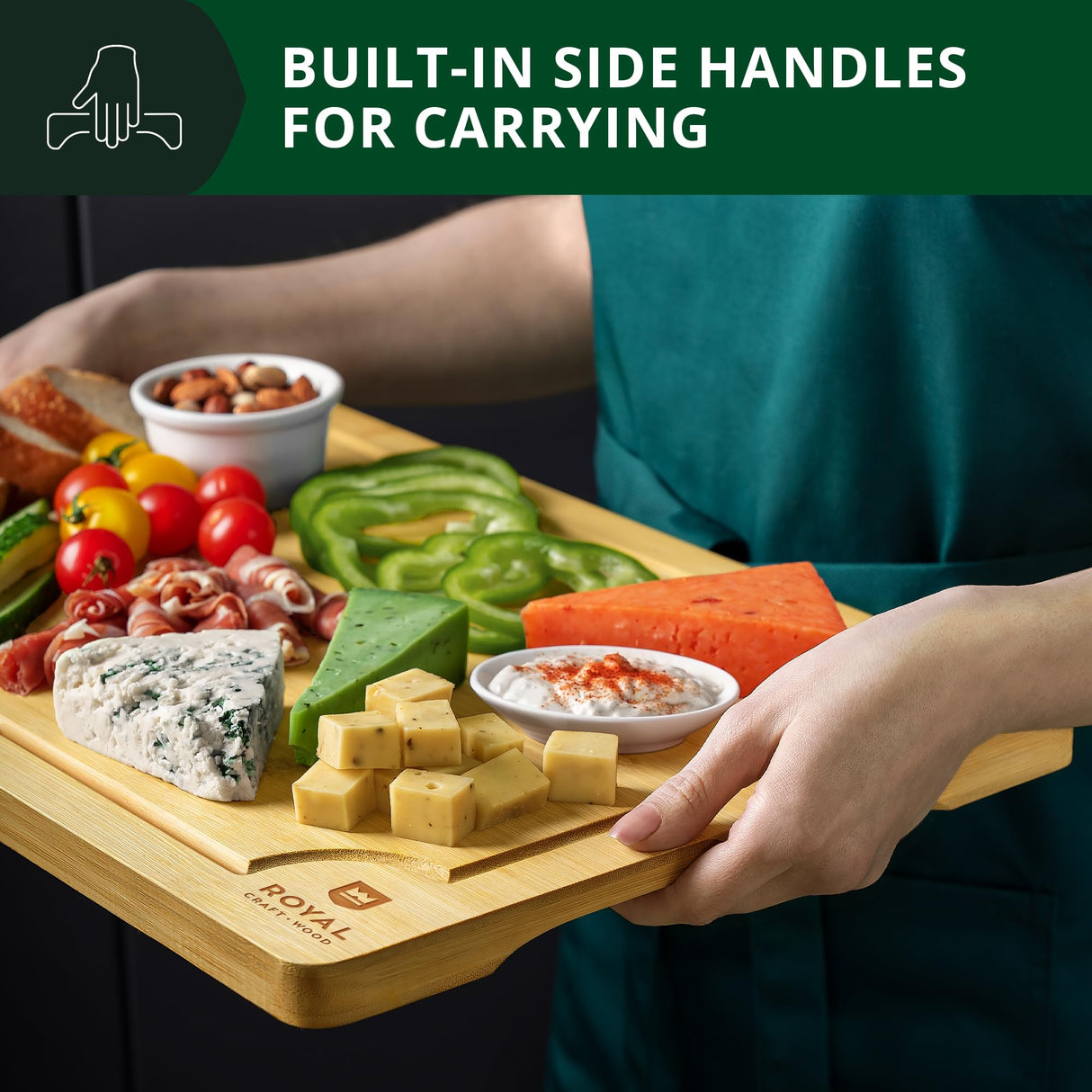 Wooden Cutting Boards for Kitchen Meal Prep & Serving - Bamboo Wood Cutting Board Set - Charcuterie & Chopping Butcher Block for Meat - Kitchen Gadgets Gift ROYAL CRAFT WOOD