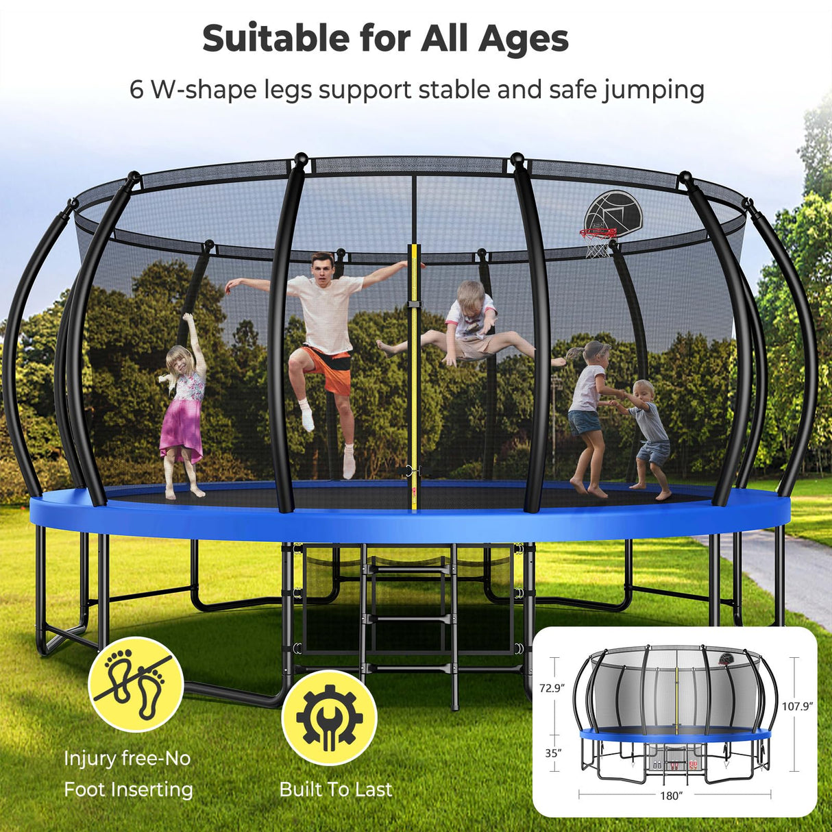 Lyromix Large Outdoor Trampoline with Basketball Hoop, 15FT Trampoline with Lights for Kids and Adults, Recreational Trampolin with Sprinkler and Stakes Lyromix
