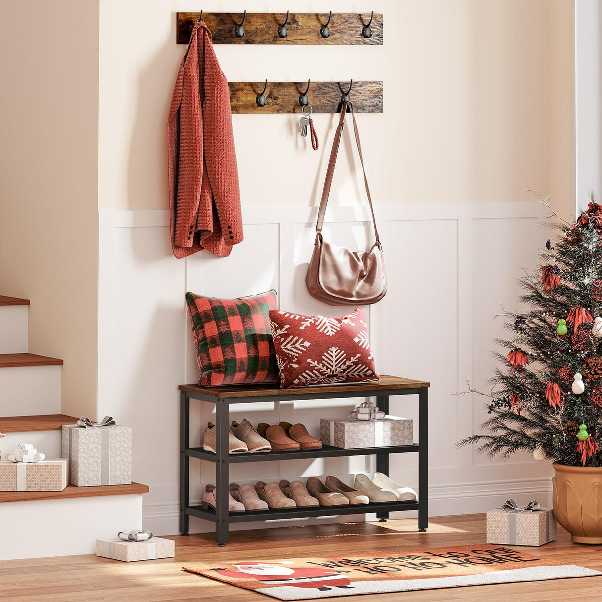 HOOBRO Hall Tree with Bench, Coat Rack Shoe Bench Set, Entryway Shoe Rack Bench with Coat Hooks, Hall Tree Coat Rack, 27.6"L x 11.8"W x 18.1"H, Industrial, for Foyer, Front Door, Rustic Brown BF07MT01 HOOBRO