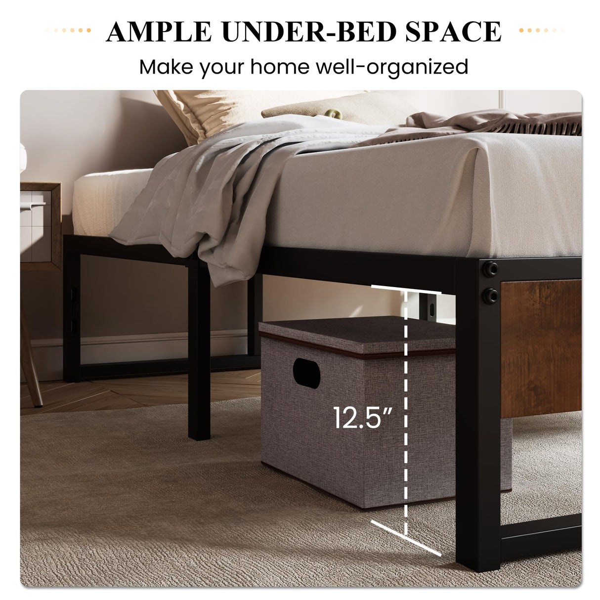 SHA CERLIN 14'' Twin Size Metal Platform Bed Frame with Rustic Wood & Reverse Holes/Ample Under-Bed Storage Space/Mattress Foundation/No Box Spring Needed/Easy Assembly SHA CERLIN