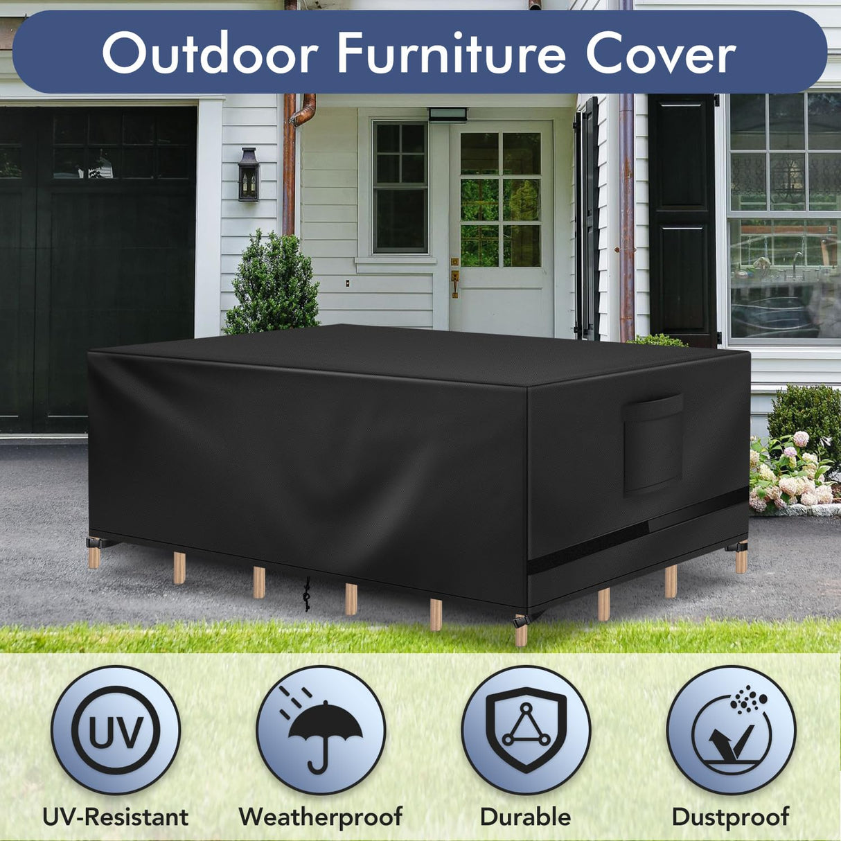 Richwon Patio Furniture Covers, Outdoor Table Covers Waterproof Rectangle, Heavy Duty Outdoor Furniture Covers for Patio Furniture, Outdoor Sectional Set Cover 90"L x 64"W x 28"H, Black Richwon
