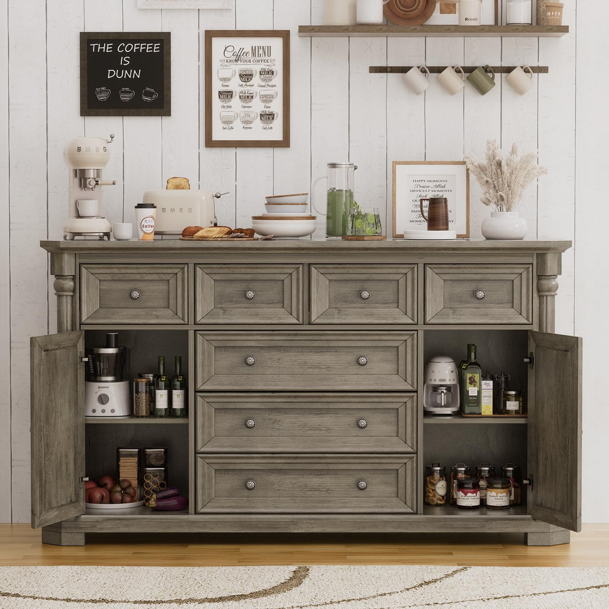 Yechen Buffet Cabinet with Drawers, 54" Large Sideboard Buffet Cabinet with 7 Drawers and 2 Doors, Farmhouse Solid Wood Sideboard for Kitchen, Living Room, Grey Yechen