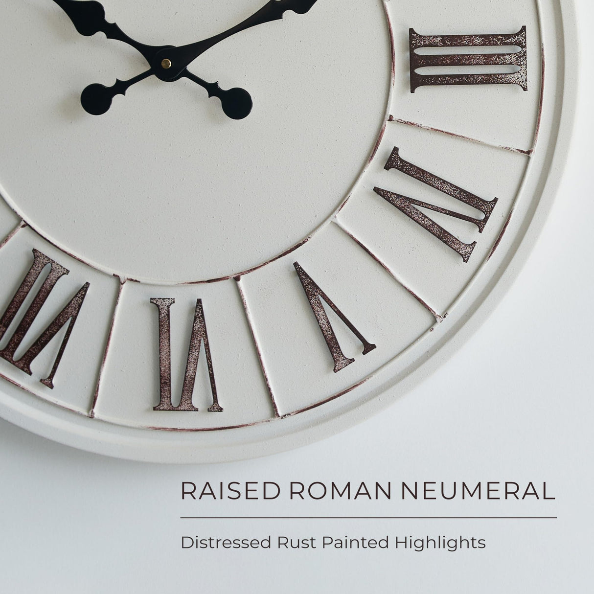 PILIHOME Large Farmhouse Wall Clock - 24 inch, Rustic White, Distressed Roman Numeral, Metal Face, Battery Operated, Modern Farmhouse Decorative Wall Clock for Living Room Decor PILIHOME