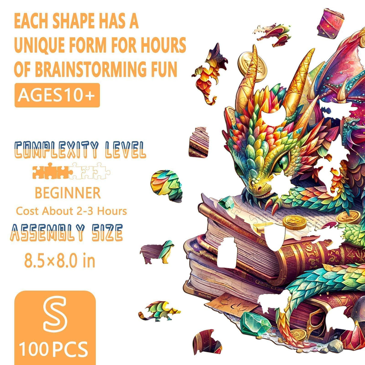 Wooden Puzzles for Adults - Jeweled Dragon Puzzle, Unique Shape Puzzle 100 Pieces, Wooden Jigsaw Puzzles for Adults, Wood Puzzles Adult, Family Puzzle, Good Gift Idea for Friends (S-8.5 * 8in) Pijesaksa