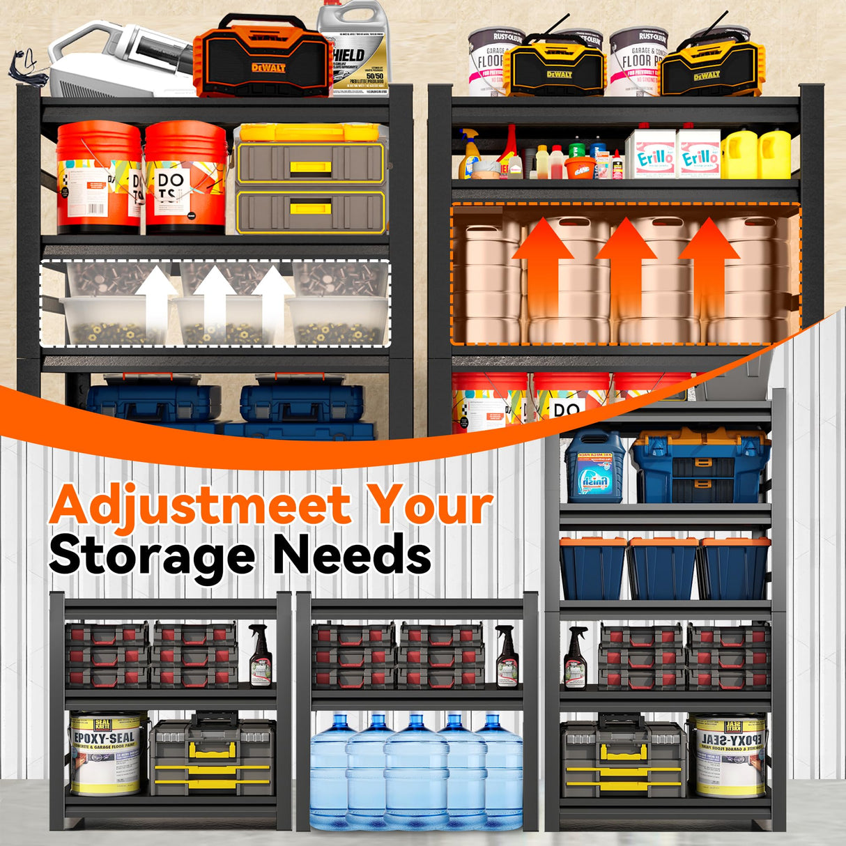 Garage Shelving Heavy Duty Metal Storage Rack - Easy to Assemble, Adjustable 5-Tier Steel Shelving Unit for Tools, Equipment & Boxes, Double-Thickened Columns, 2000 lbs Capacity, 72"H × 48"W × 24"D Notmise
