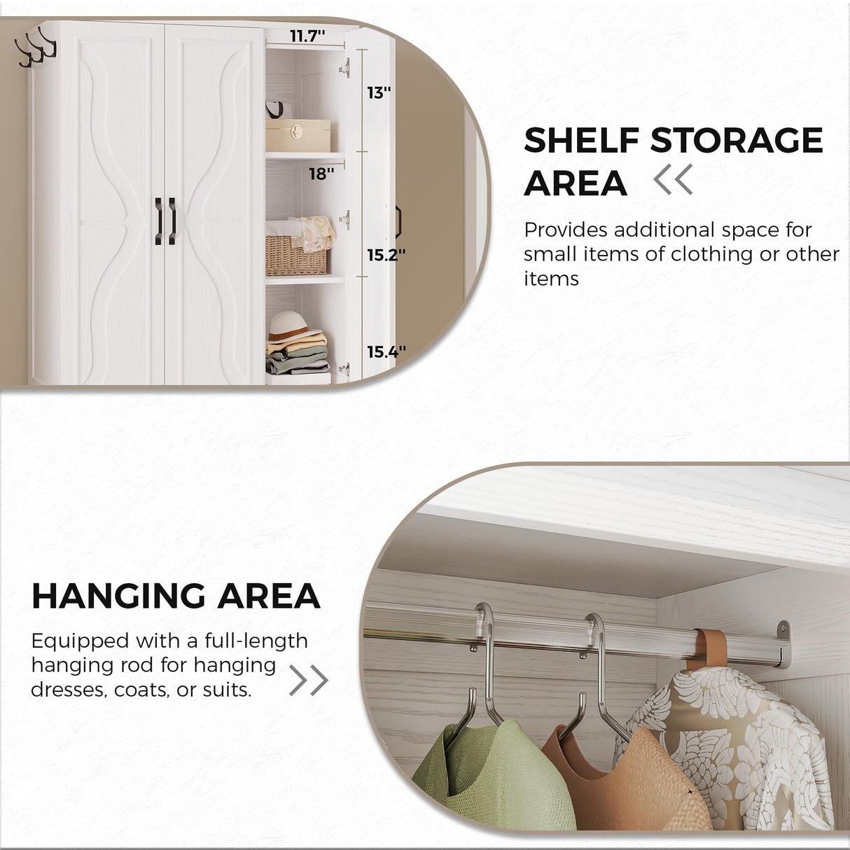 LIKIMIO Armoire Wardrobe Closet with 4 Doors and Drawers, Wardrobe Cabinet with Storage Shelves and Side Hooks, Clothing Storage Cabinet for Bedroom, White LIKIMIO