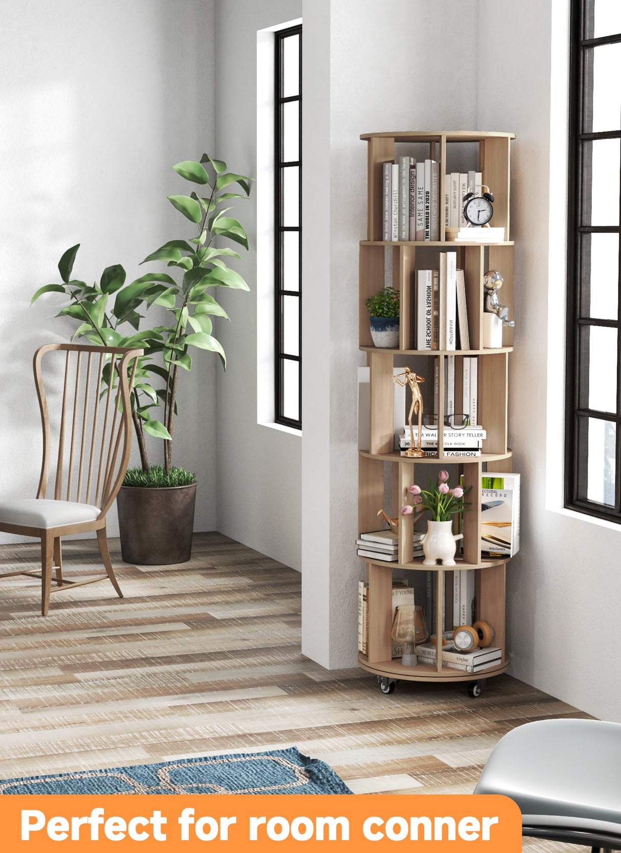 Baoz 5-Tier Rotating Bookshelf Tower, 360° Display Stackable Spinning Bookshelf with Wheels, Floor Standing Corner Revolving Bookcase, Rotating Book Shelf for Kids Rooms, Living Room, Bedroom - Wood Baoz